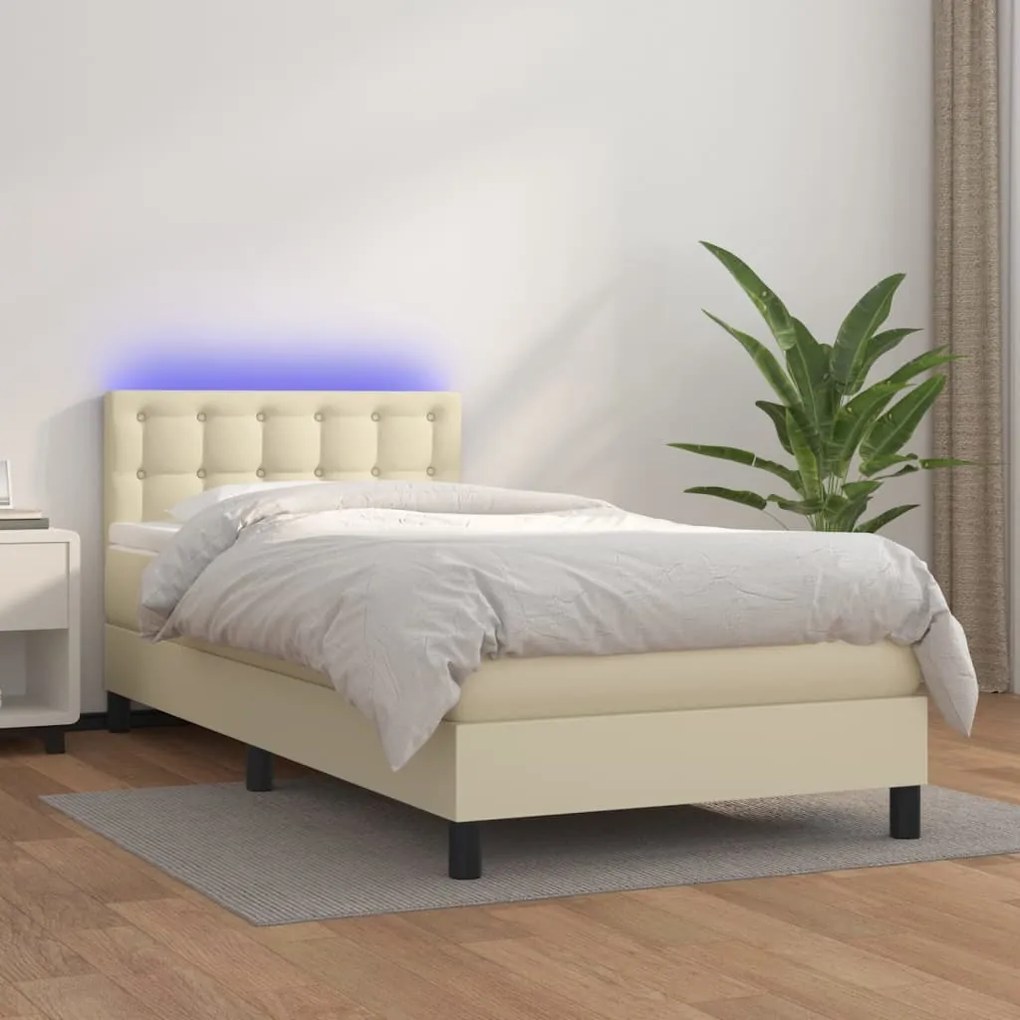 vidaXL Κρεβάτι Boxspring με Στρώμα & LED Κρεμ 100x200 εκ. Συνθ. Δέρμα