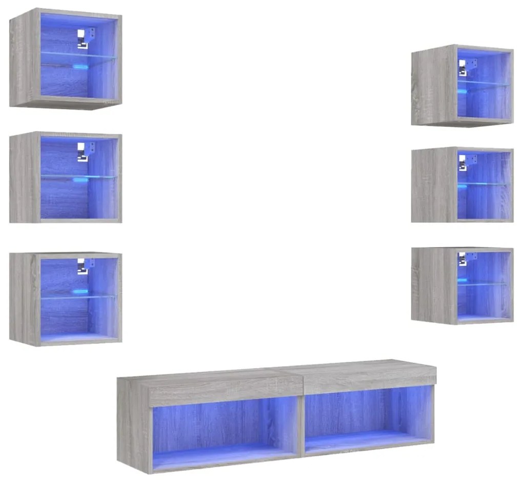 vidaXL Έπιπλα Τοίχου Τηλεόρασης 8 τεμ. LED Γκρι Sonoma από Επεξ. Ξύλο