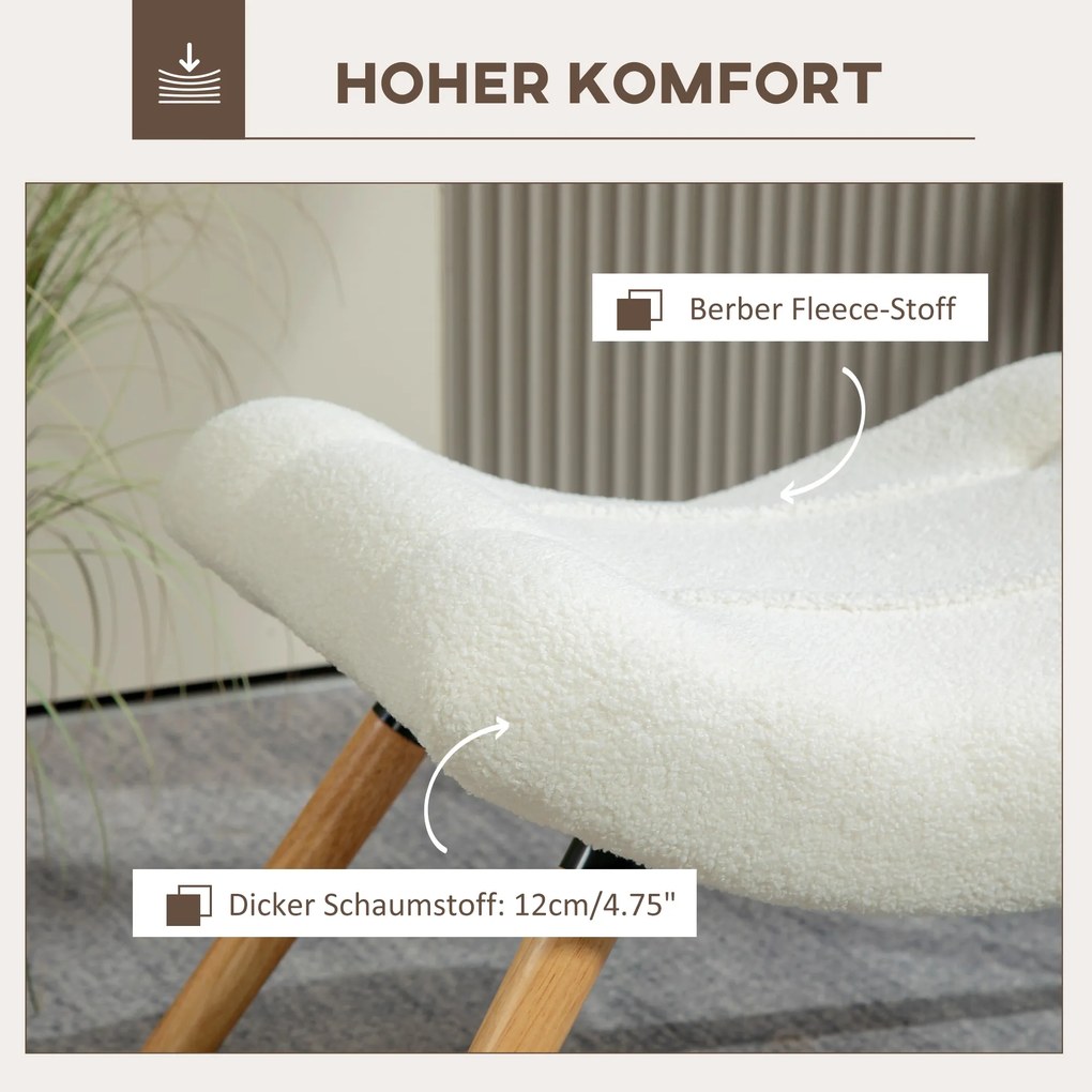 HOMCOM Μοντέρνο Υποπόδιο με κάλυμμα Fleece και ξύλινα πόδια, Επενδεδυμένο, για Σαλόνι, Υπνοδωμάτιο, Διάδρομο, Κρεμ Λευκό