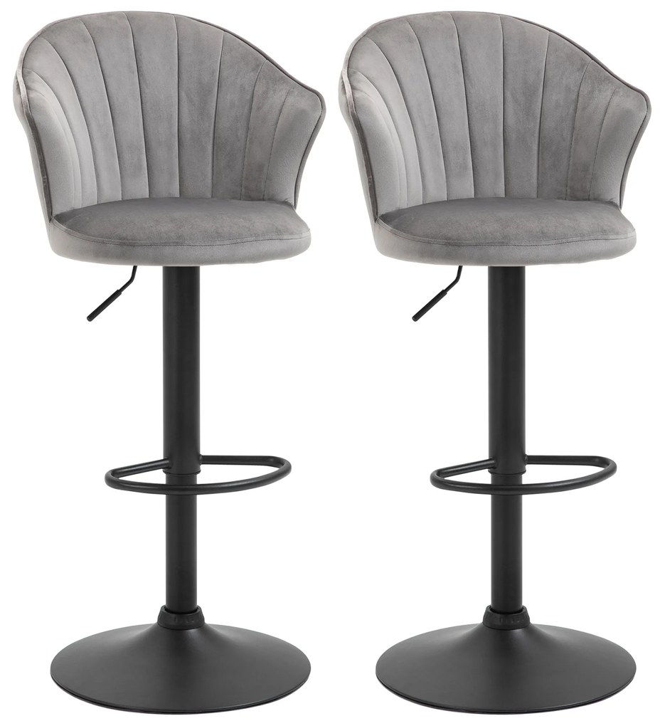 Σετ 2 σκαμπό μπαρ περιστρεφόμενα σκαμπό μπαρ με πλάτη, βελούδινο ύφασμα, ρυθμιζόμενο ύψος, χωρίς μπράτσα, γκρι, 54 x 56 x 91-111 cm