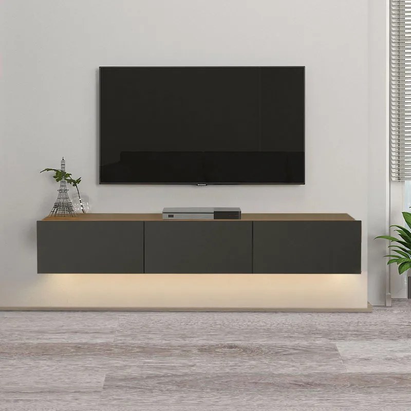 Έπιπλο τηλεόρασης επιτοίχιο Damla Megapap με LED χρώμα sapphire oak - ανθρακί 180x29,5x29,5εκ.