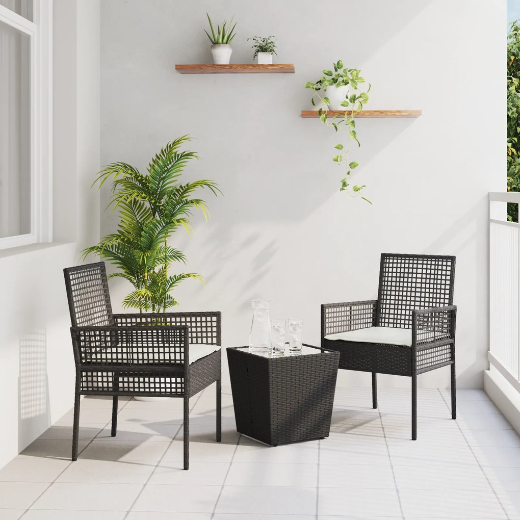 vidaXL Σετ Bistro Κήπου 3 Τεμαχίων με Μαξιλάρια Μαύρο Πολυ Ράτανα