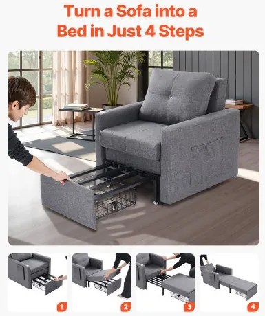 VEVOR Sleeper Sofa Bed with Side Pocket Pillow Desk Board 5 Adjustable Backrest