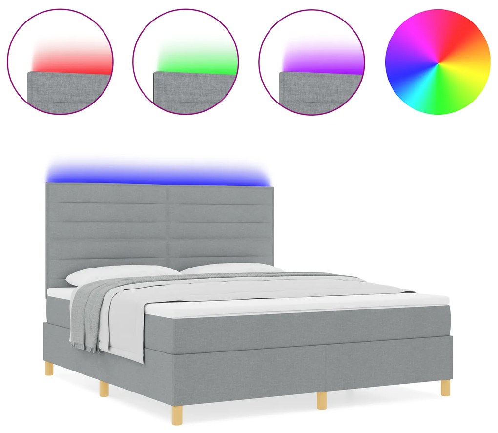 vidaXL Κρεβάτι Box Spring με Στρώμα & LED Γκρι 180x200 εκ. Ύφασμα