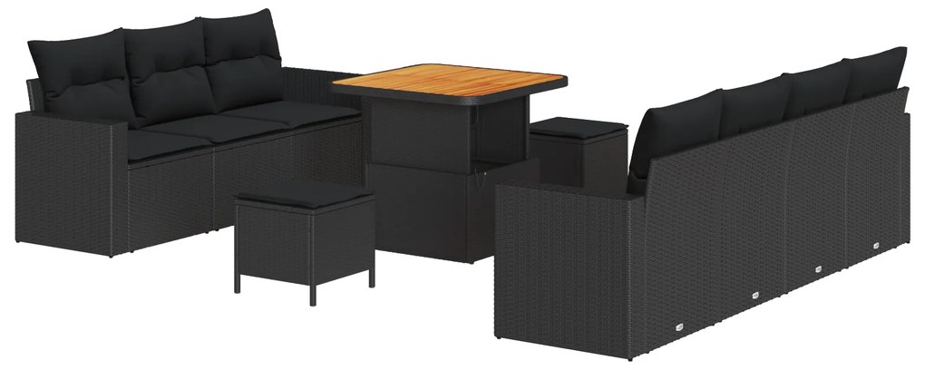 vidaXL Σετ 10 Τεμαχίων Καναπέ Κήπου με Μαξιλάρια Μαύρο Πολυ Ρατάν Ακακία