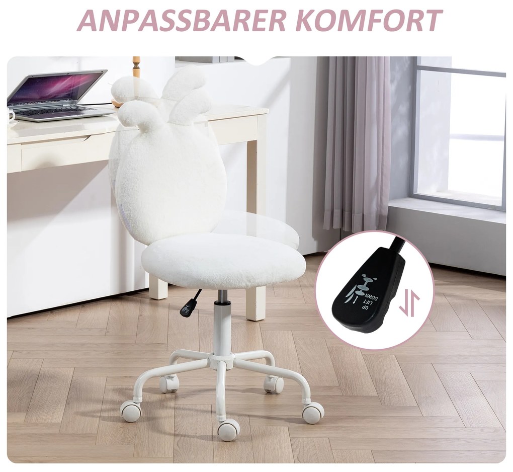 HOMCOM Πολυθρόνα γραφείου με αυτιά κουνελιού, περιστρεφόμενη καρέκλα γραφείου, περιστρεφόμενη, ψεύτικη γούνα, λευκό