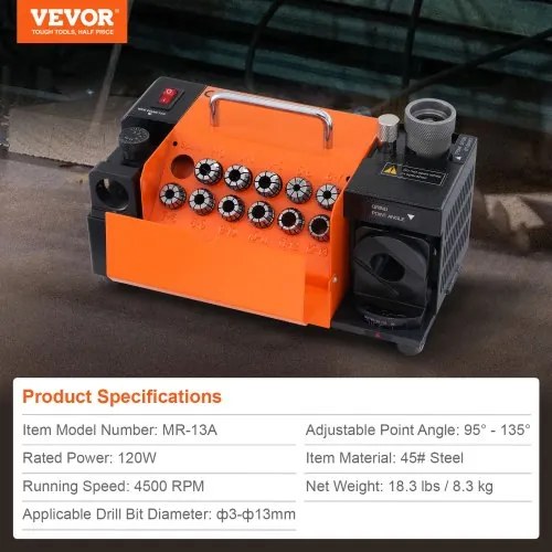 VEVOR Drill Bits Sharpener, MR-13A Bits Grinder Sharpener 3-13mm, 95° to 135° Point Angle Adjustable Drill Bit Re-Sharpener, Portable Sharpening Machine with 11 Collets, CBN &amp; SDC Wheel