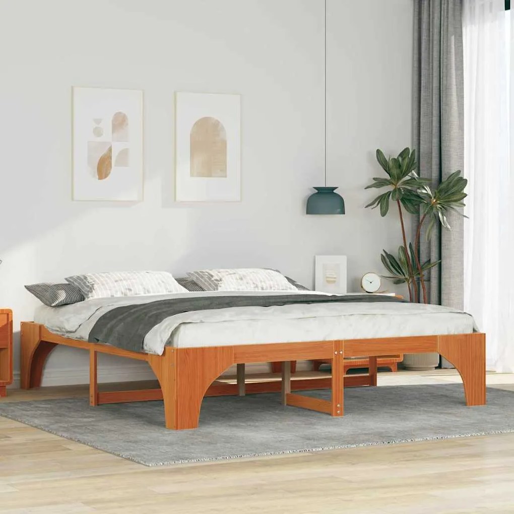 vidaXL Κρεβάτι δαπέδου Καφέ 200 x 200 cm Μασίφ ξύλο πεύκου