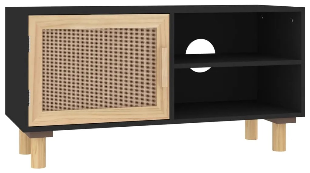 vidaXL Έπιπλο Τηλεόρασης Μαύρο 80x30x40 εκ. Μασίφ Πεύκο &amp; Φυσικό Ρατάν