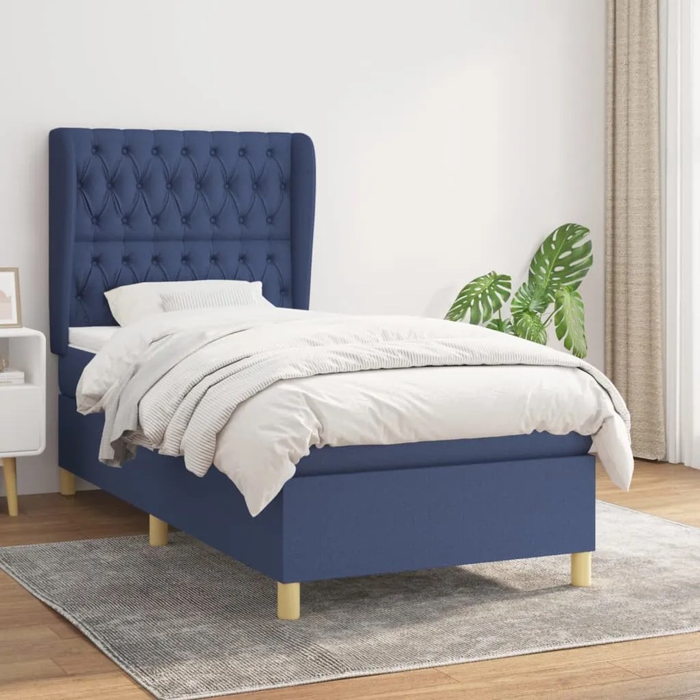 vidaXL Κρεβάτι Boxspring με Στρώμα Μπλε 90x200 εκ.Υφασμάτινο