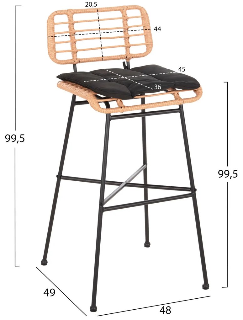 Σκαμπό Μπαρ ALLEGRA C5708.11 Μεταλλικό Ψηλό με Μπεζ Wicker &amp; Μαύρο Μαξιλάρι 48x49x99,5Υεκ. 48x49x99.5 εκ.