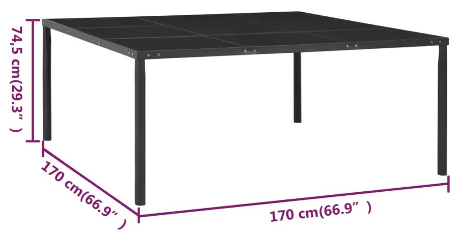 vidaXL Τραπέζι Κήπου Μαύρο 170 x 170 x 74,5 εκ. από Ατσάλι / Γυαλί