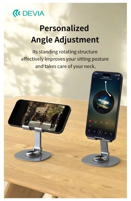 Devia folding holder stand EL243 for phone tablet rotating 360 gray metal
