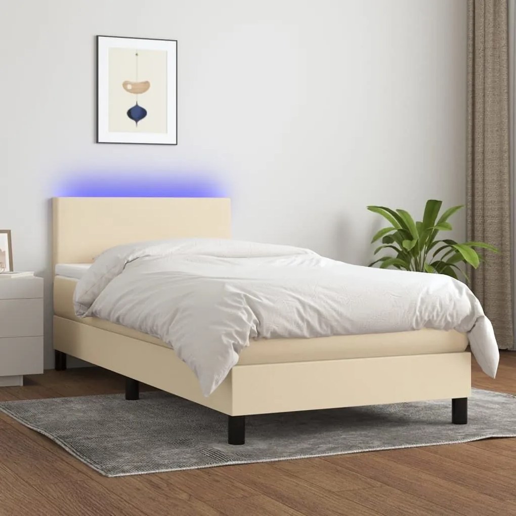 ΚΡΕΒΑΤΙ BOXSPRING ΜΕ ΣΤΡΩΜΑ &amp; LED ΚΡΕΜ 90X190 ΕΚ. ΥΦΑΣΜΑΤΙΝΟ 3132962