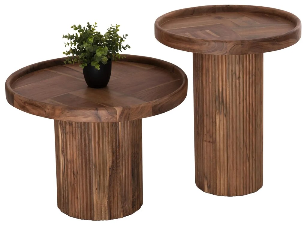 SET 2PCS COFFEE TABLES ROUND RAJJEH  SOLID ACACIA WOOD IN NATURAL Φ50 &amp; Φ60cm.