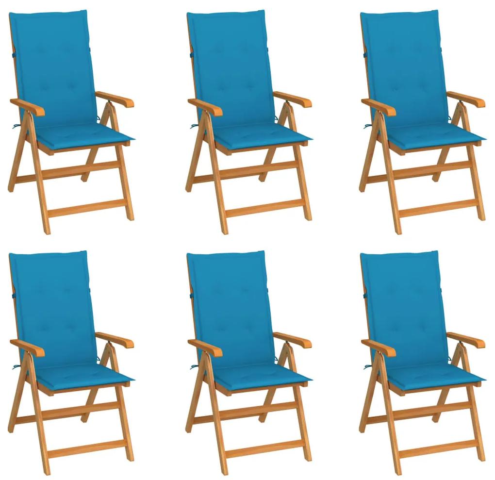 vidaXL Καρέκλες Κήπου 6 τεμ. από Μασίφ Ξύλο Teak με Μπλε Μαξιλάρια
