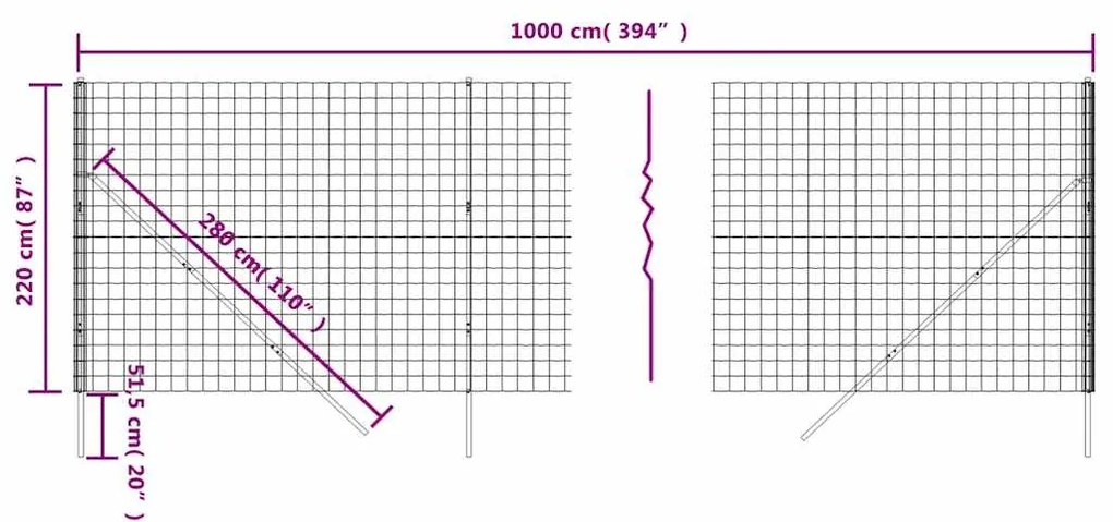 vidaXL Συρματόπλεγμα Περίφραξης Ανθρακί 2,2x10 μ. Γαλβανισμένο Ατσάλι