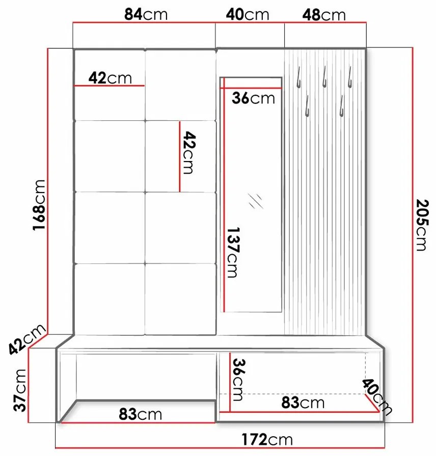 Σετ διαδρόμου Hartford 322, 205x172x42cm, 45 kg, Καθρέφτης, Μαύρο, Artisan βελανιδιά, Καφέ, Ταπισερί, Πλαστικοποιημένη μοριοσανίδα, Εντοιχισμένη