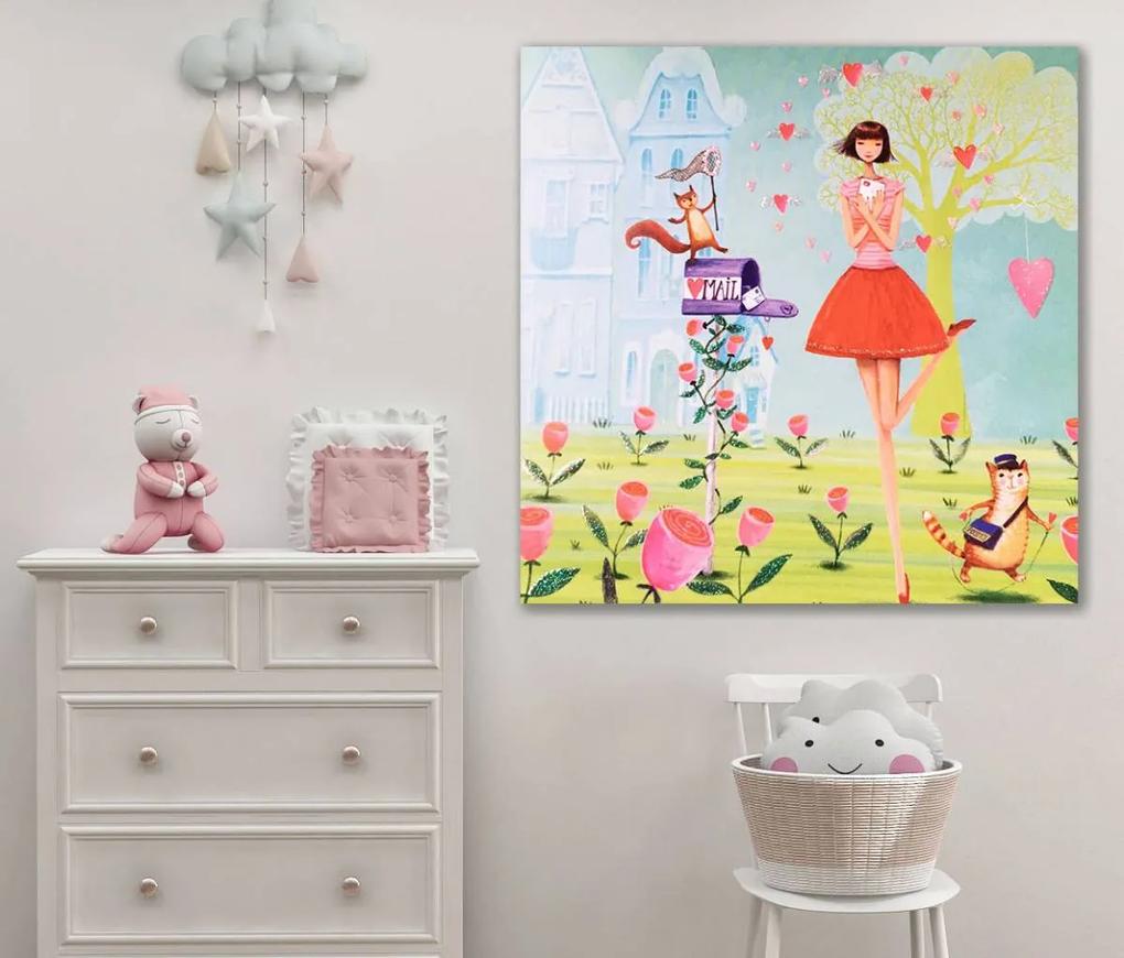 Παιδικός πίνακας σε καμβά φλοράλ με ζώα και κορίτσι KNV0443 40cm x 40cm