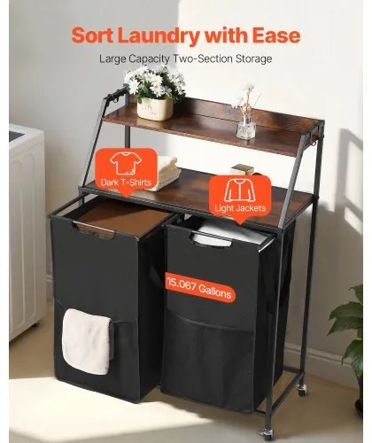 VEVOR 2 Tiers Laundry Sorter Tall Laundry Hamper with Wheels and Hooks 2 Section