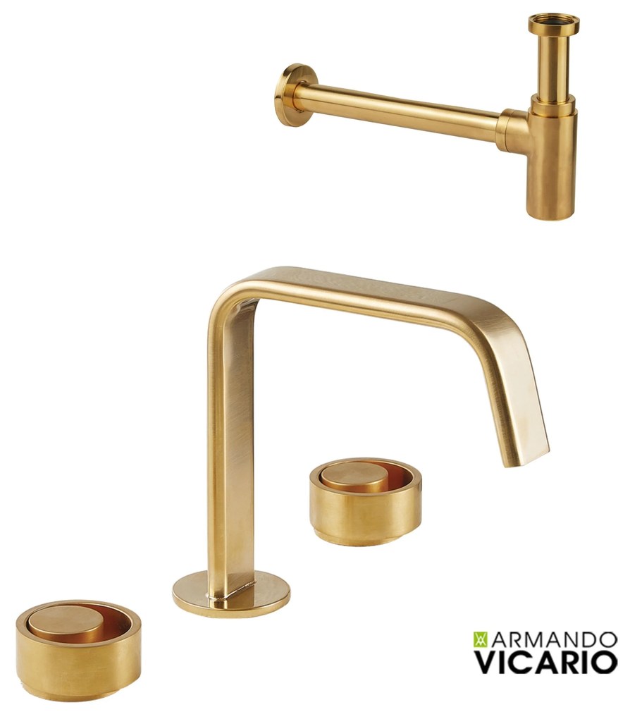 Armando Vicario Halo Gold Brushed Σιφών+Μπαταρία Νιπτήρος 3 οπών με βαλβίδα clic-clac