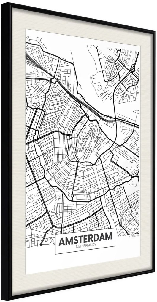 Αφίσα - City map: Amsterdam - 20x30 - Μαύρο - Με πασπαρτού