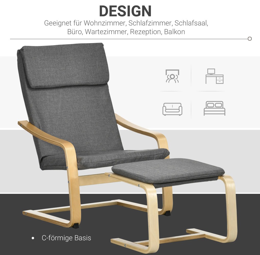 HOMCOM Πολυθρόνα με υποπόδιο, σετ πολυθρόνας, έως 120 kg, όψη λινό, μασίφ ξύλο, Γκρι + Φυσικό, 66,5 x 80 x 99 cm