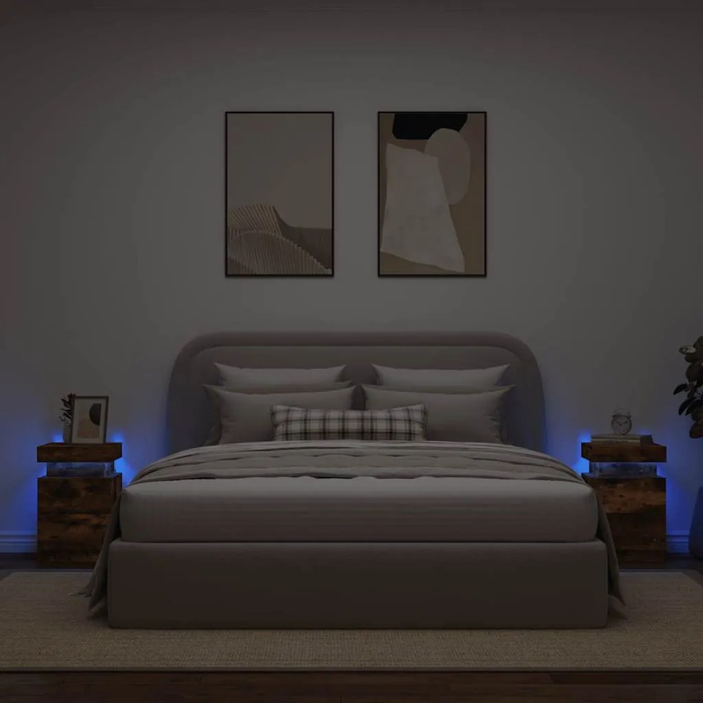 vidaXL Κομοδίνα με Φώτα LED 2 τεμ. Καπνιστή Δρυς 35 x 39 x 55 εκ.