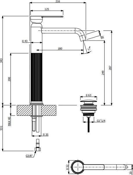 Μπαταρία νιπτήρα υψηλή με βαλβίδα Clic-Clac Lumiere Vicario-Mauro-brushed