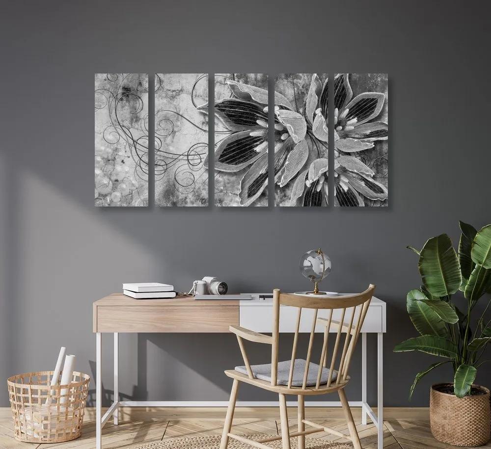 5 μέρη εικόνα λουλούδια με πέρλες σε μαύρο & άσπρο - 100x50