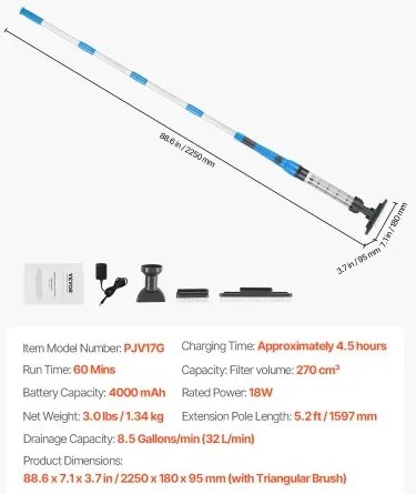 VEVOR Pool Vacuum 8.5 GPM Rechargeable Pool Cleaner Max. 1H with Extension Pole