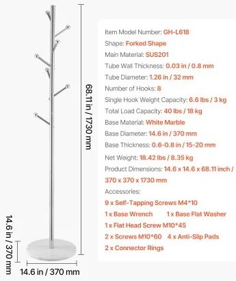 VEVOR Coat Rack Freestanding Coats Rack Stand with Stable Marble Base & 8 Hooks