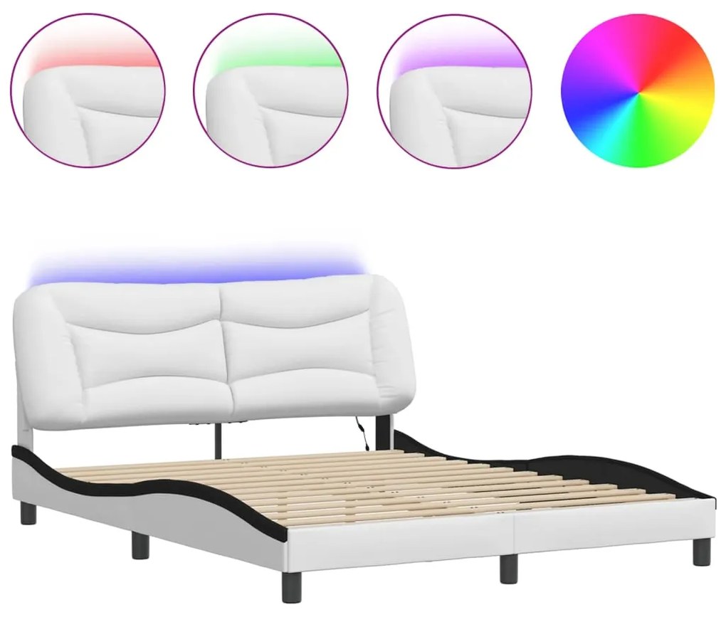 vidaXL Πλαίσιο Κρεβατιού με LED Λευκό/Μαύρο 160x200εκ. Συνθετικό Δέρμα