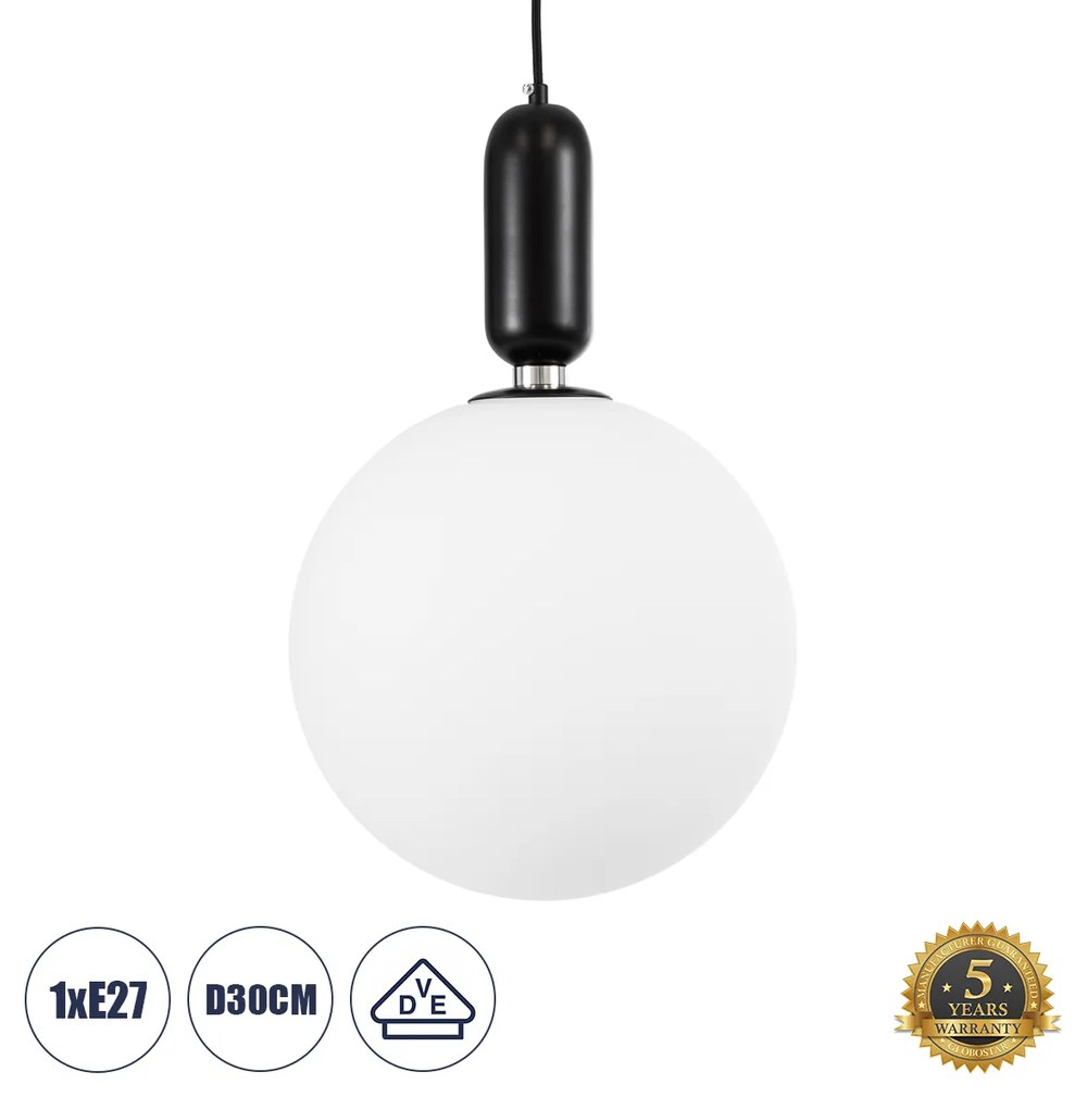 GloboStar® ESTETICO 61496 Μοντέρνο Κρεμαστό Φωτιστικό Οροφής Μονόφωτο 1 x E27 Γαλακτερή Γυάλινη Μπάλα με Μεταλλικό Μαύρο Ματ Σώμα Φ30 x Υ48cm