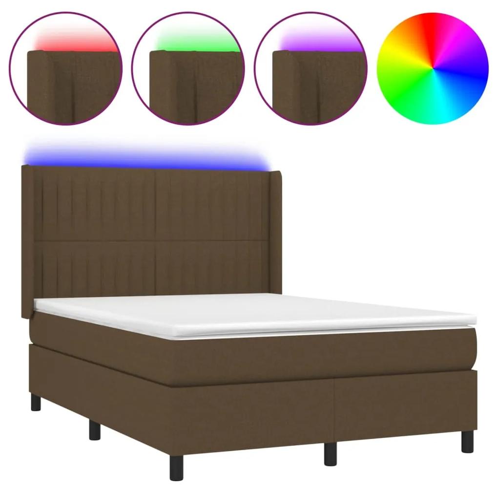 vidaXL Κρεβάτι Boxspring με Στρώμα & LED Σκ.Καφέ 140x190εκ. Υφασμάτινο