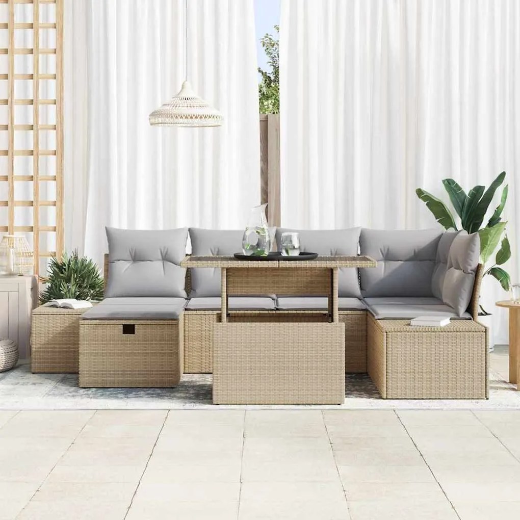 vidaXL Σετ Καναπέ Κήπου Ρυθμιζόμενο ύψος 7 pcs Μπεζ συνθετικό ρατάν