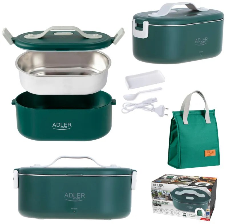 Ηλεκτρικό κουτί φαγητού Adler AD 4522, 45W, 0.8 l, Μέχρι 70C, Δοχείο από ανοξείδωτο ατσάλι, Θερμοσακούλα, Πράσινο