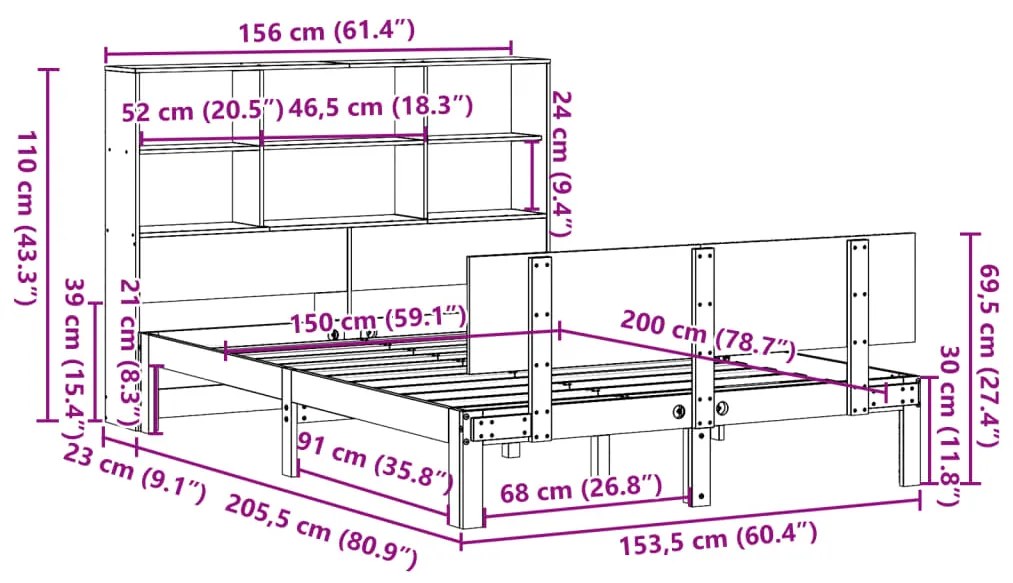 Κρεβάτι Βιβλιοθήκη Χωρίς Στρώμα 150x200 εκ Μασίφ Ξύλο Πεύκου - Καφέ