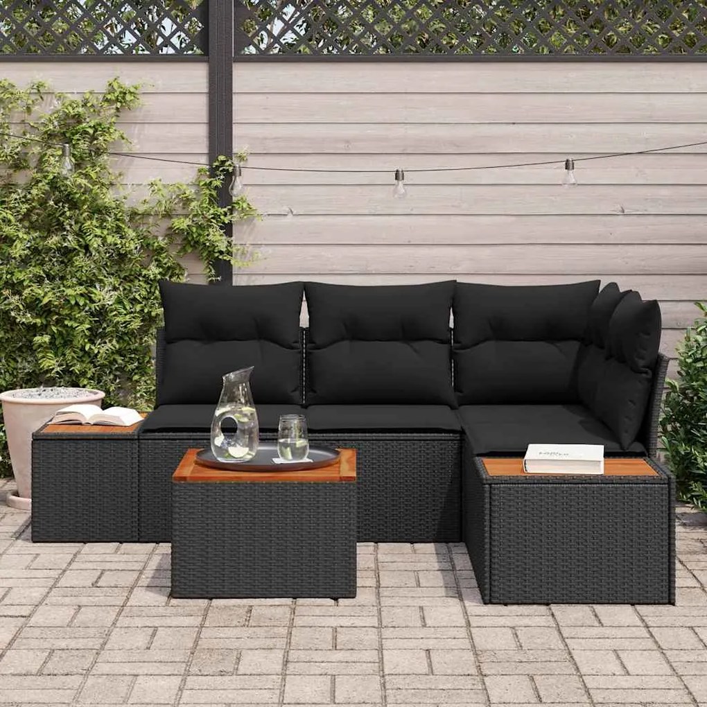 vidaXL Σετ Κήπου 5 Τεμαχίων με Μαξιλάρια σε Μαύρο Poly Rattan και Acacia