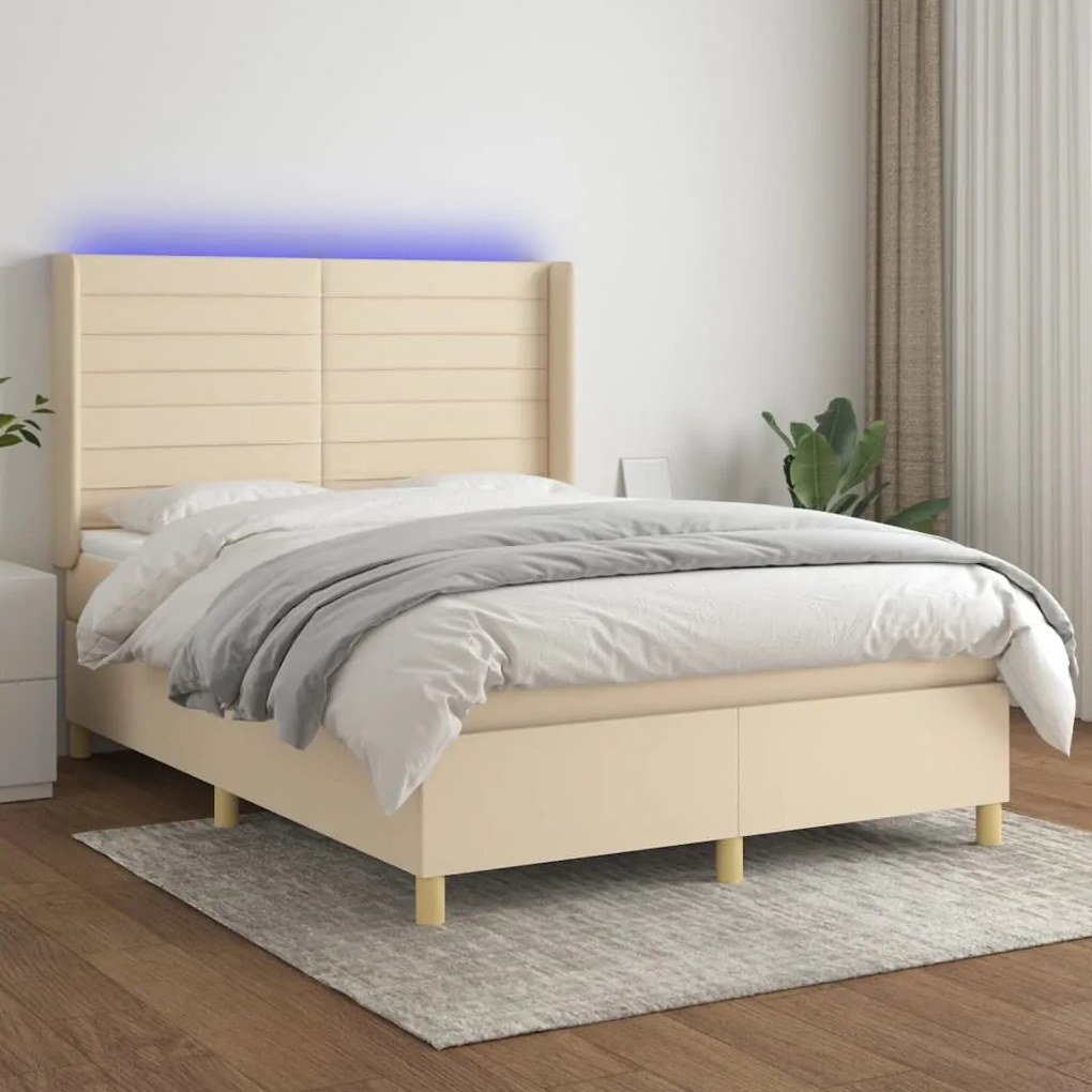 vidaXL Κρεβάτι Boxspring με Στρώμα & LED Κρεμ 140x190 εκ. Υφασμάτινο