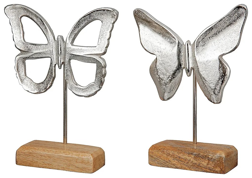 Διακοσμητικό ArteLibre Πεταλούδα Σε Βάση Ασημί/Φυσικό Αλουμίνιο/Ξύλο 5x15x18.5cm Σε 2 Σχέδια