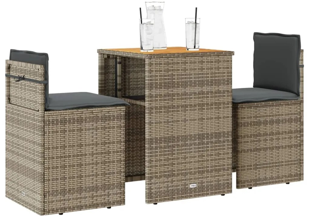 vidaXL Σετ Επίπλων Bistro 3 τεμ Γκρι Συνθετικό Ρατάν με Μαξιλάρια