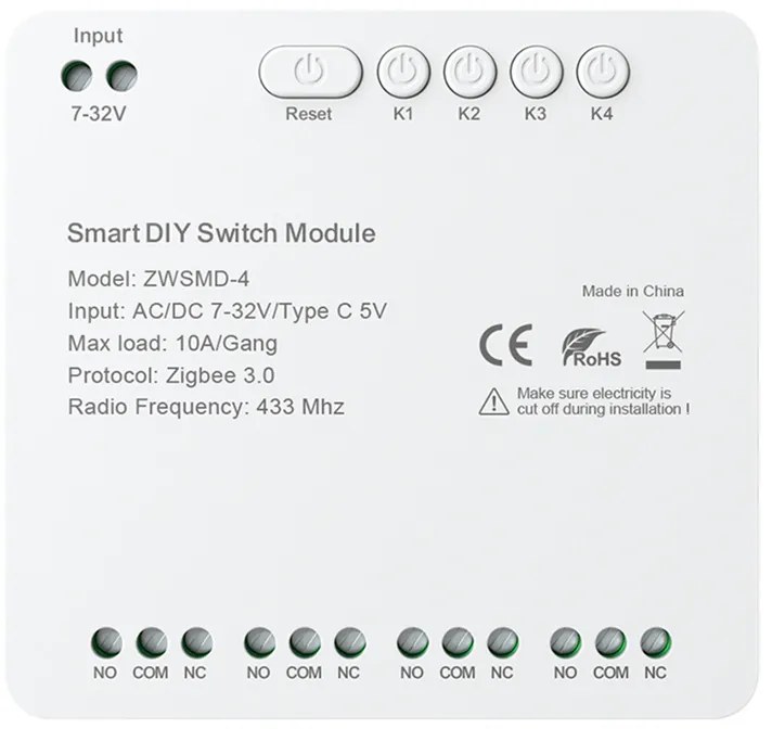 Μονάδα διακόπτη 4 καναλιών ZigBee με επαφή χωρίς τάση DC 32V Avatto ZWSMMD-4-32V