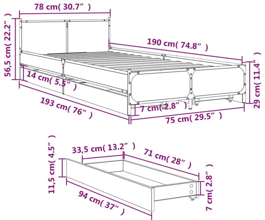 Πλαίσιο Κρεβατιού με Συρτάρια Γκρι Sonoma 75x190 εκ. Επεξ. Ξύλο - Γκρι