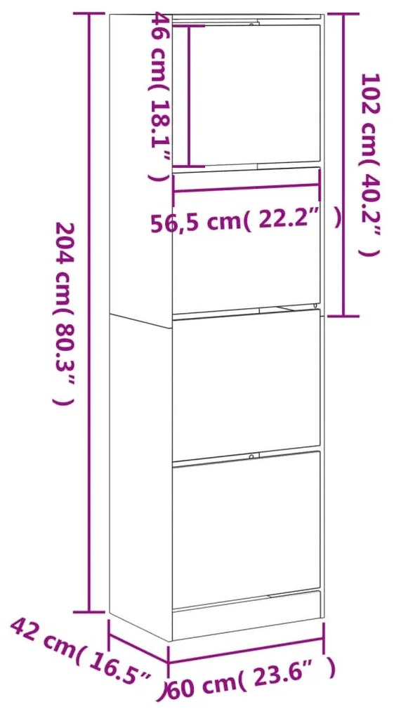 Παπουτσοθήκη με 4 Ανακλ. Συρτάρια Γκρι Sonoma 60x42x204 εκ. - Γκρι