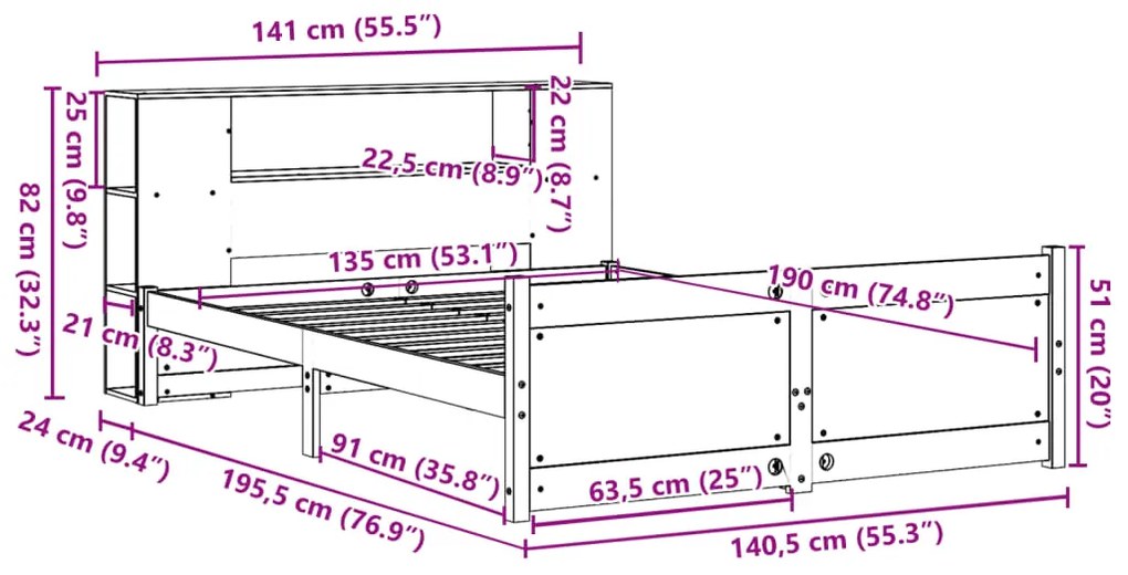 Κρεβάτι Βιβλιοθήκη Χωρίς Στρώμα Λευκό 135x190 εκ Μασίφ Πεύκο - Λευκό