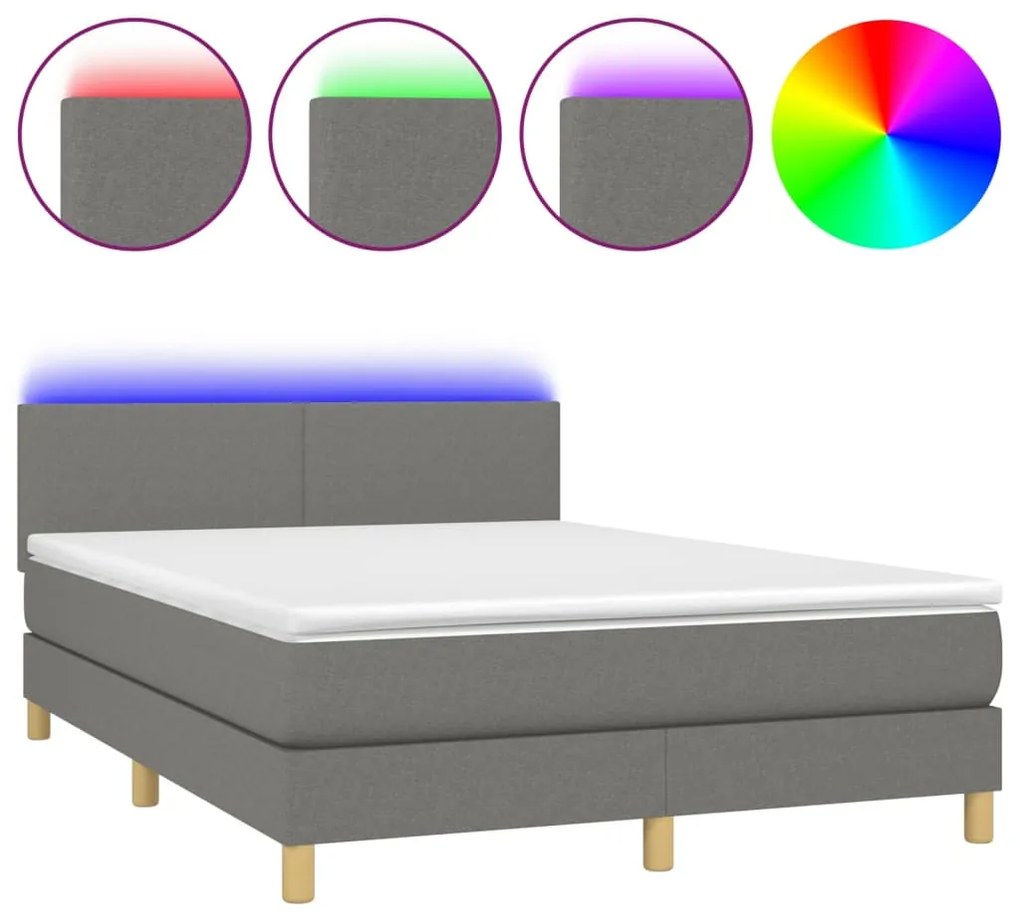 vidaXL Κρεβάτι Boxspring με Στρώμα &amp; LED Σκ.Γκρι 140x200 εκ Υφασμάτινο