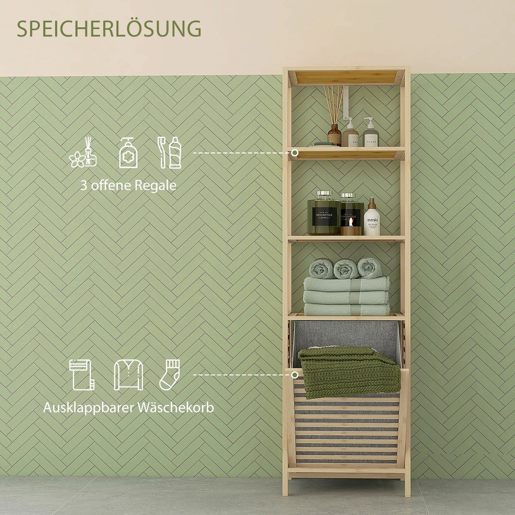 HOMCOM Ράφι Μπάνιου, με Συλλέκτη Ρούχων, 3 Ράφια, Πλαίσιο Μπαμπού, 44x33x160cm, Φυσικό