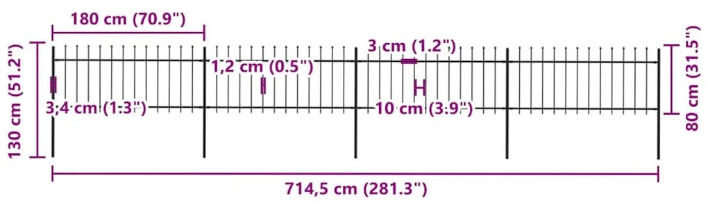 vidaXL Κάγκελα Περίφραξης με Λόγχες Μαύρα 6,8 x 0,8 μ. από Χάλυβα