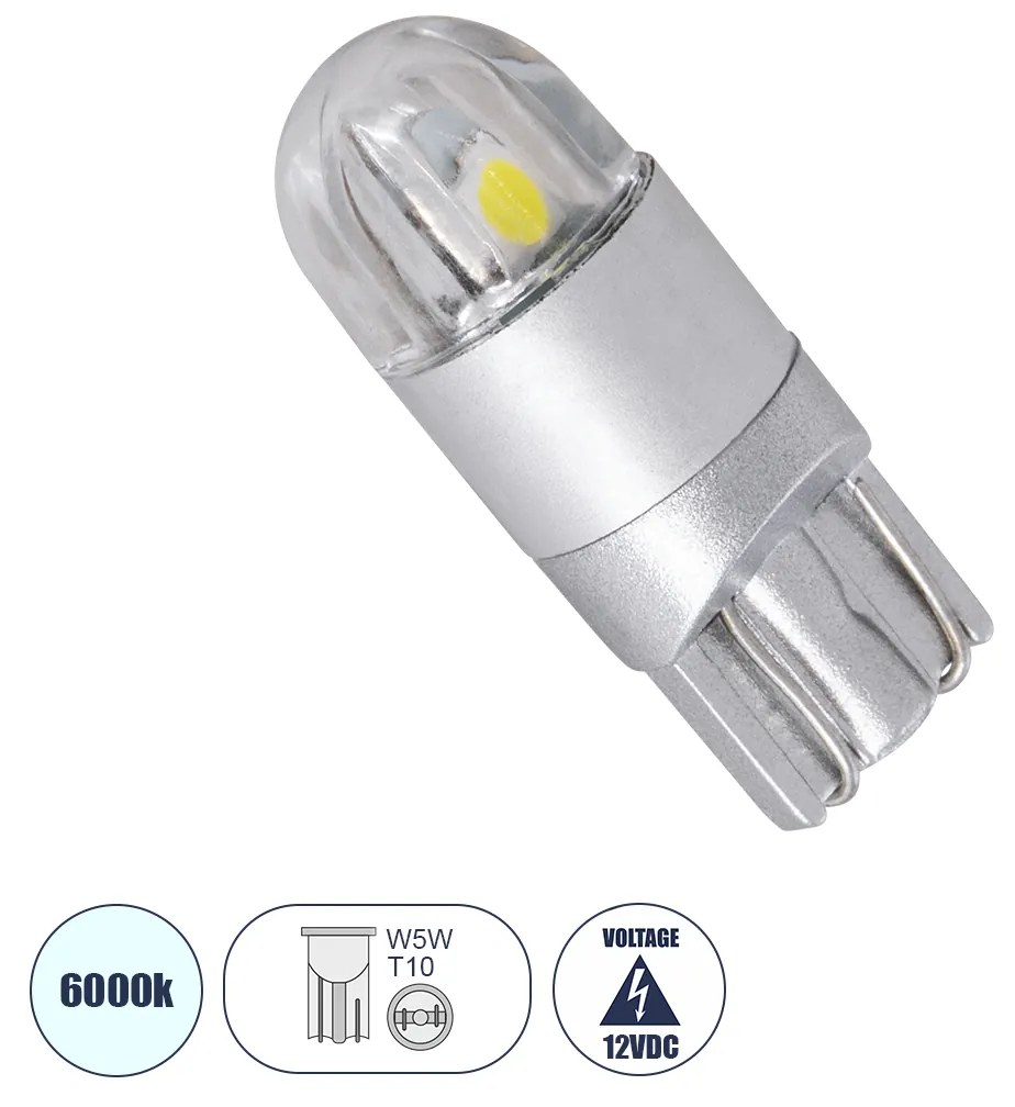 GloboStar® 81043 Λάμπα Αυτοκινήτου T10 W5W LED 2 SMD 3030 0.4W 60lm 360° DC 12-16V IP20 Φ1 x Υ2.5cm Ψυχρό Λευκό 6000K